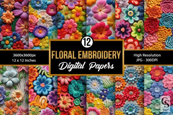 Colorful Embroidery Flower Digital Paper