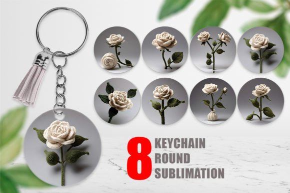Keychain White Rose Embroidery